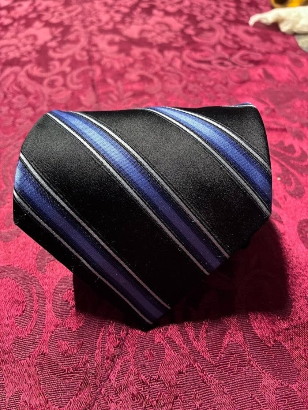 INSIGNIA by martin wong Black, Royal Blue, and Silver Diagonal Stripe 100% Silk
